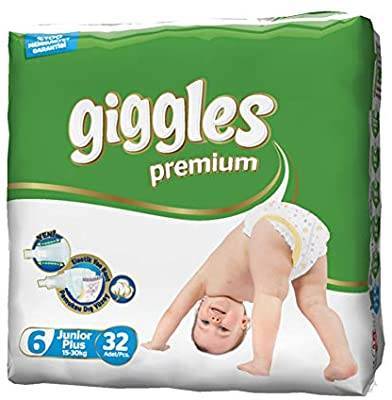 Giggles Premium Extra Absorbent Baby Diaper Size junior plus 6 jumbo pack belt (15-30 kg) 32 pcs