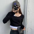 Long Sleeve T-shirts Womens Two Piece Cropped Tops Streetwear Slim Daily Korean Style Ulzzang Chic Tees Female Design Hot.