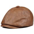 Men's Leather Warm Octagonal Cap, Casual Vintage Newsboy Cap Golf Driving Flat Cabbie Hat, Winter Male Artist Gatsby Cap.
