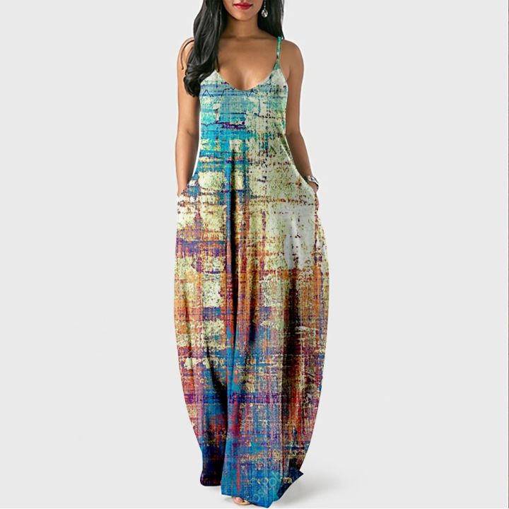 2022 Dress For Women Halter Neck Summer Vintage Texture Print Sleeveless Midi Backless Party Dresses Beach Casual Streetwea