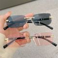 Retro UV400 Protection Rimless Rectangle Sunglasses Y2K Shades Frameless Sun Glasses for Women & Men.