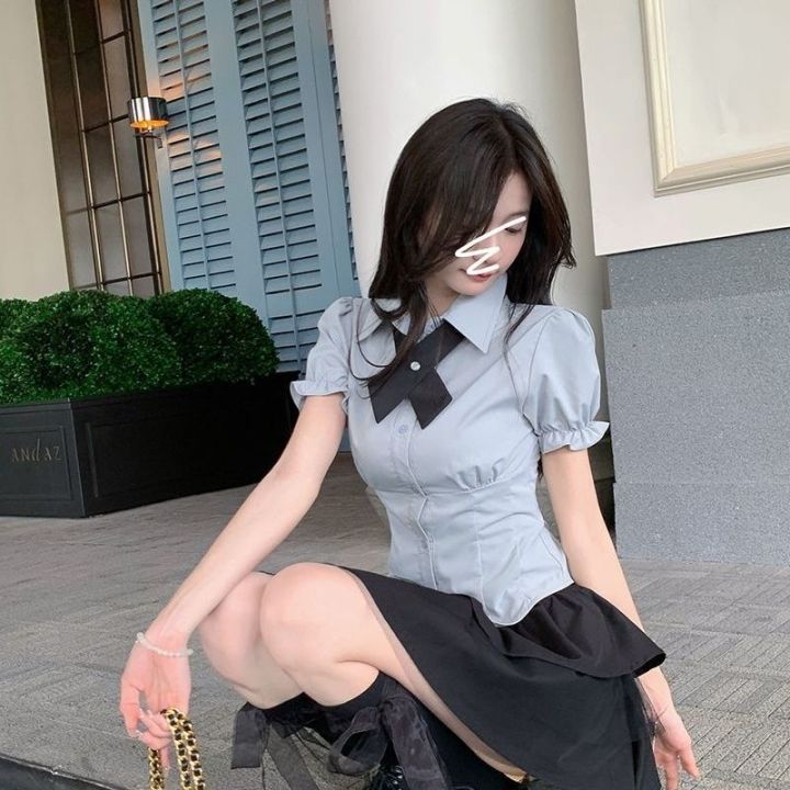 College%20Style%20Japanese%20SuitJKUniform%20Women's%20Waist-Tight%20Slimming%20Puff%20Sleeve%20Shirt%20Top%20High%20Waist%20Bubble%20Cake%20Dress%20-%20Image%206