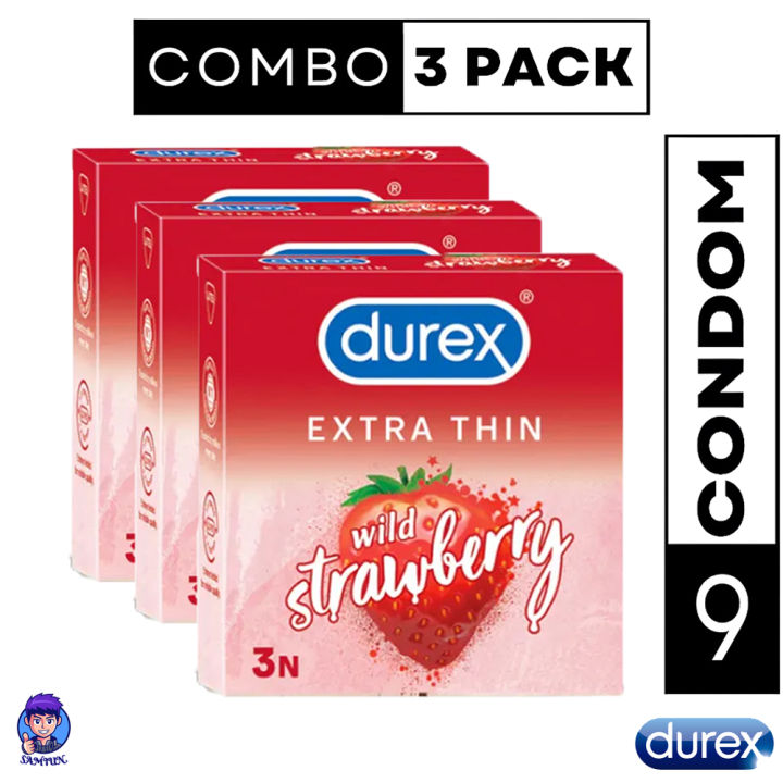 Durex Extra Thin Wild Strawberry flavored Condoms 3 Packets Total 9Pcs