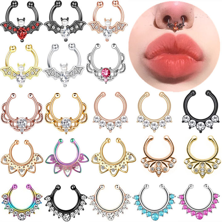1PCS Crystal Nose Ring Septum Jewelry Non Piercing Bat Nose Ring Septum Cuff Earring Rook Faux Nose Piercing Clip On