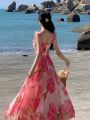 Celebrity Style French Romantic Elegant Rose Printed Beach Dress Elegant Chiffon Seaside Vacation Dress Summer. 