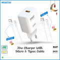 30W Fast Charger & Type C, Micro USB Cable Bundle (VOOC DART WARP DASH Support). 