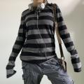 Women Fairy Grunge Knit Basic Shirt Autumn Y2K Grey Black Striped Long Sleeve Round Neck Tops Emo Tee. 