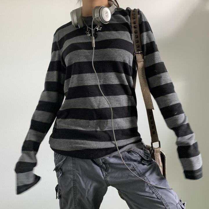 Women%20Fairy%20Grunge%20Knit%20Basic%20Shirt%20Autumn%20Y2K%20Grey%20Black%20Striped%20Long%20Sleeve%20Round%20Neck%20Tops%20Emo%20Tee%20-%20Image%202
