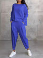 Women Set Long-sleeved Sweatshirt Harem Pants Two-piece Suit Casual Solid Color Pocket Trousers Outfit. 