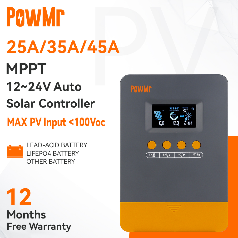 PowMr 25A/35A/45A MPPT Solar Charger Controller 12V 24V With Blacklight LCD Regulator Max PV Input 100VDC Support Lifepo4 Battery Efficient charging