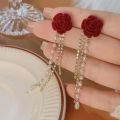 Red Flower  Pearl Long Tassel Dangle Earrings for Women. 