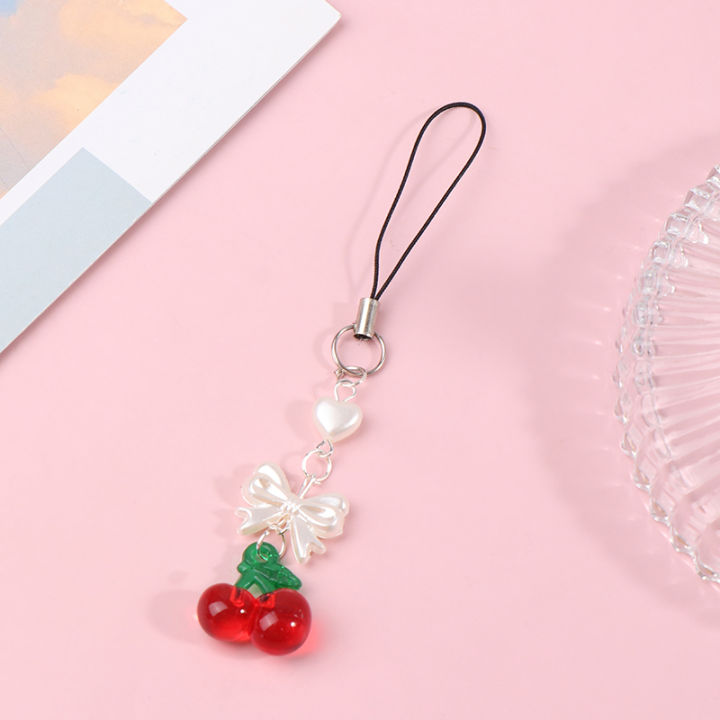 Y2K Cute Bow Cherry Phone Lanyard Sweet Summer Mobile Phone Chain For Girls Korean Beaded Cell Phone Charm Keychain MIRRORRR