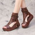 Women's Roman Shoes Summer Casual Stylish2022New High-Top Height Increasing Wedge Sandal Boots Soft Leather Platform Peep Toe Sandals.