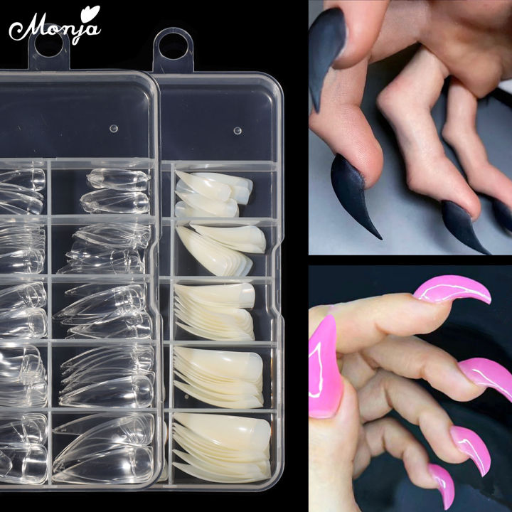 Monja 100pcs Claw Curved False Nail Tips Clear Nature Half Cover Eagle Claw Shape Fake Nails Extension DIY Manicure Cosplay Tool