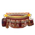 Women Folk Style Waist Bag with Adjustable Strap, Variegated Color Fanny Pack with Fringe Decor, Khaki/ Blue/ Yellow. 