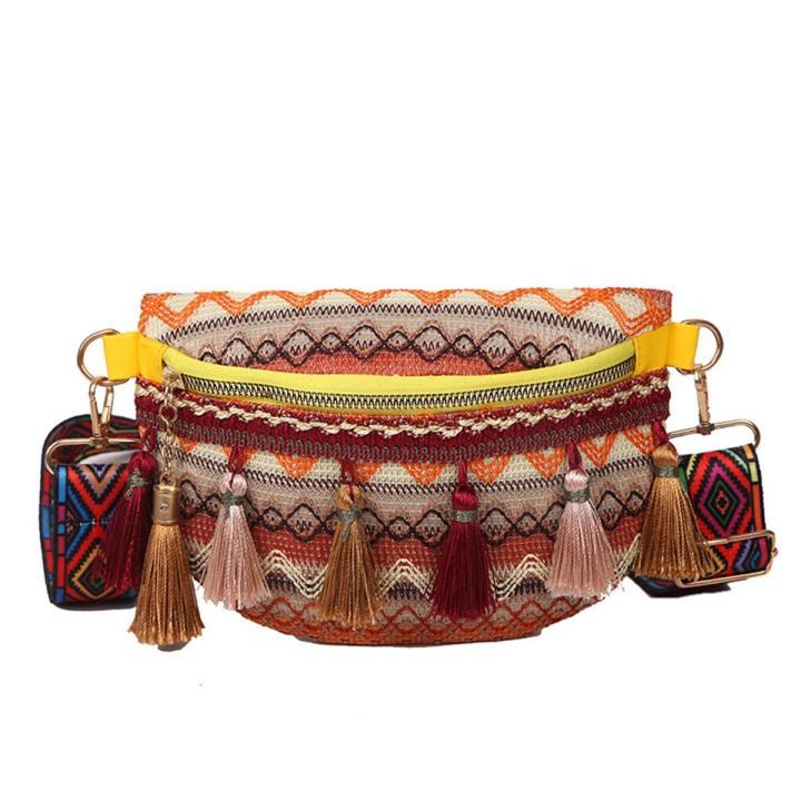 Women Folk Style Waist Bag with Adjustable Strap, Variegated Color Fanny Pack with Fringe Decor, Khaki/ Blue/ Yellow