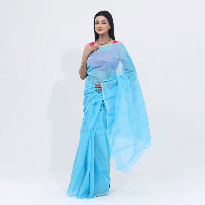Japanese Half Silk Than Saree for Women - Sky Blue Color Flat Muslin Saree - Fashionable and Comfortable Outfit - Suitable for Any Season