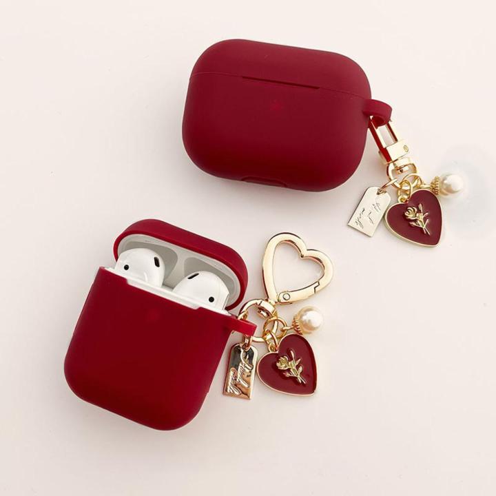 Cute Airpods Pro Case Vintage Roses Pearl Keychain Red Silicone