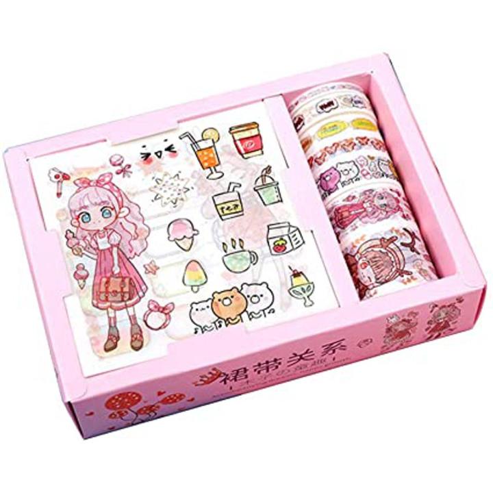 YFairy 08 Sheets Stickers with 5 Rolls Washi Tapes, Kawaii Gift Package Sticker and Washi Tape Set, Scrapbooking Masking Tapes - PACK OF 10 PCS