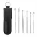 〽️ 6 pcs Stainless Steel Ear Wax Cleaner Set With Black Color Leather Case - Ear Pick.