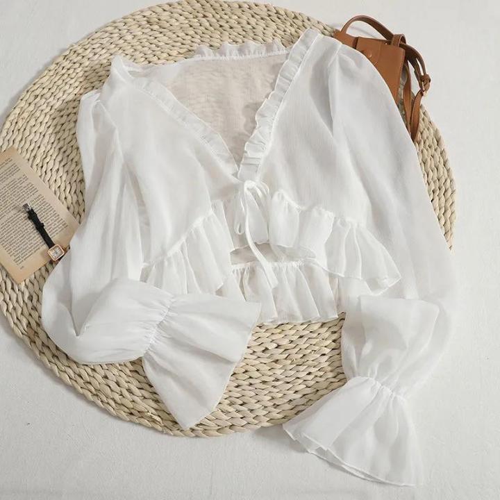 Lace-up Wooden Ear Short Chiffon Sun Protection Outerwear Cardigan Thin 2024 Summer New Versatile Sun Protection Clothing Women