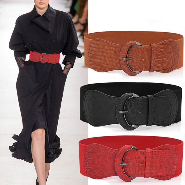 Womens Ladies Faux Leather Wide Stretch Elastic Buckle Cinch Waist Wide Belts Stylish Gift GJCUTE