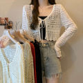 South Korea 2024 Summer New All-Matching Hollow Crocheted Flower Linen Knitwear Lace-up Long Sleeve Cardigan Shawl for Women.
