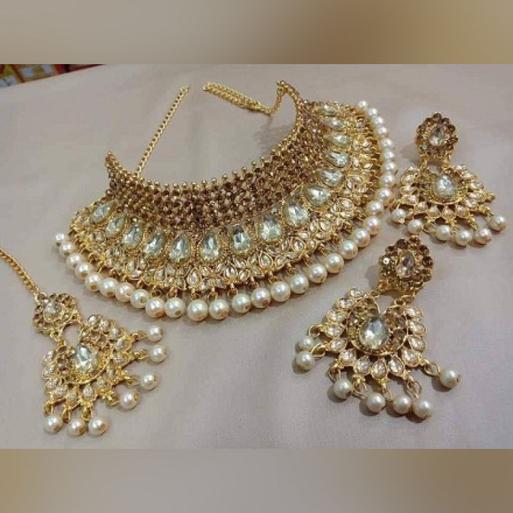 Indian Jewellery Set 3 Part-Necklace, Earrings & Tikli - Necklace
