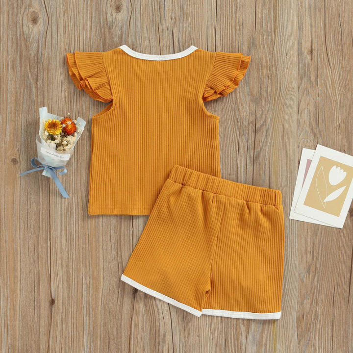 Jumperjuser-Toddler%20Kids%20Girls%202%20Pieces%20Outfit,%20Fly%20Sleeve%20Round%20Neck%20Contrast%20Color%20T-Shirt%20+%20Bowknot%20Shorts%20Summer%20Set%20-%20Image%204