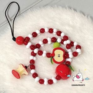 Bilashmart Creative Red Bead Cute Bow Knot Apples Leaf Cartoon Apple Core Accessory Universal Phone Case Bracelet Keychain Decoration Trendy Brend New Lanyard
