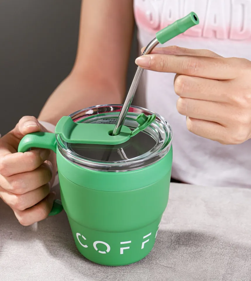 480ml Coffee Cup with Straw Lid Stainless Steel Thermos Mug for
