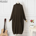 ZANZEA Womens Long Sleeve Mock Neck Casual Loose Midi Dress Kaftan Baggy Dresses #8.