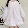 Hoodies Women Large Size Solid Zip-up Long Lantern Sleeve Hooded Rabbit Ears Lolita Cute Sweet Girls Harajuku Style Warm Baggy.
