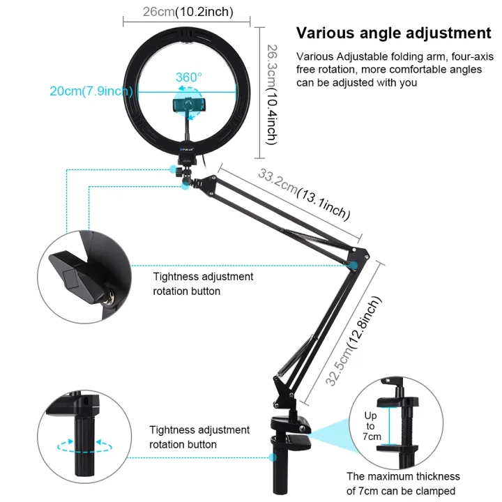 PULUZ%2010.2%20inch%2026cm%20Ring%20Curved%20Light%20+%20Desktop%20Arm%20Stand%20USB%203%20Modes%20Dimmable%20Dual%20Color%20Temperature%20LED%20Vlogging%20Selfie%20Photography%20Video%20Lights%20with%20Phone%20Clamp(Black)%20-%20Image%203