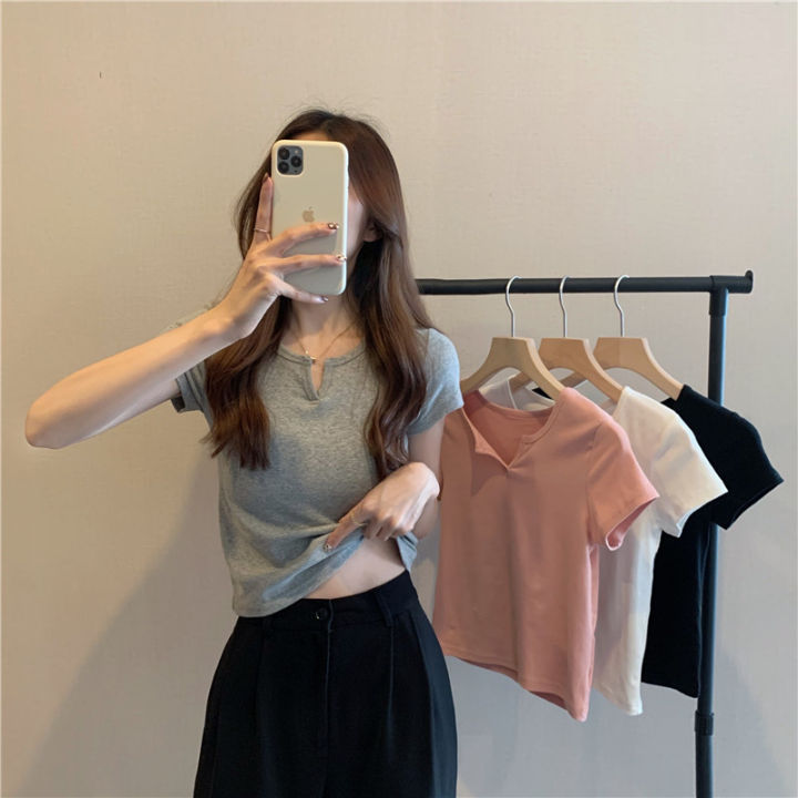 Cotton Short Women's Summer Design Sense Pink Slim-Fit Navel Hot Girl Women's Clothing T T-shirt Short Sleeve 2024 Summer New
