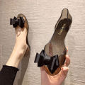 Jelly shoes women's flat fish mouth transparent non-slip shoes shallow plastic Korean version of the Internet celebrity color-blocked bow sandals foreign trade.