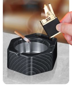 Custom Metal Marble Rosewood Grain Blue And White Porcelain Carbon Fibre Ashtray Oil  Lighter  ( with 35ml Oil }