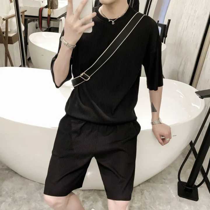 Korean%20Fashion%20Summer%20Clothes%202%20Piece%20Set%20Mens%20Outfits%20Solid%20Color%20Slim%20Fit%20Streetwear%20Tracksuit%20Casual%20Clothes%20For%20Men%20Shorts%20-%20Image%207