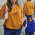Ladies Fashionable  Plus Solid Ruffle Trim Long Sleeve V Neck Slight Stretch Top. 