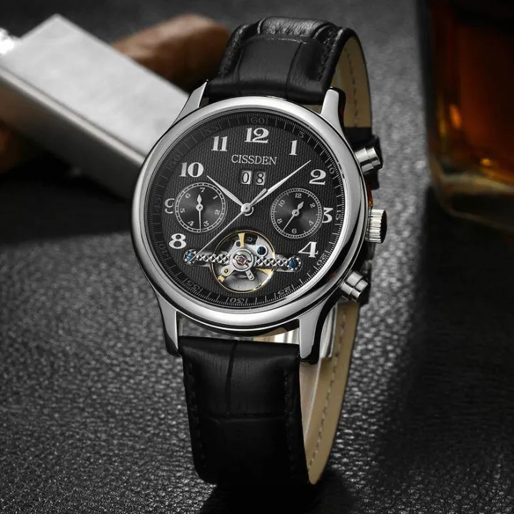 Authentic Western Union Tourbillon Watch Mens Automatic mechanical watch hollow multifunctional waterproof stainless steel watch (Blue)