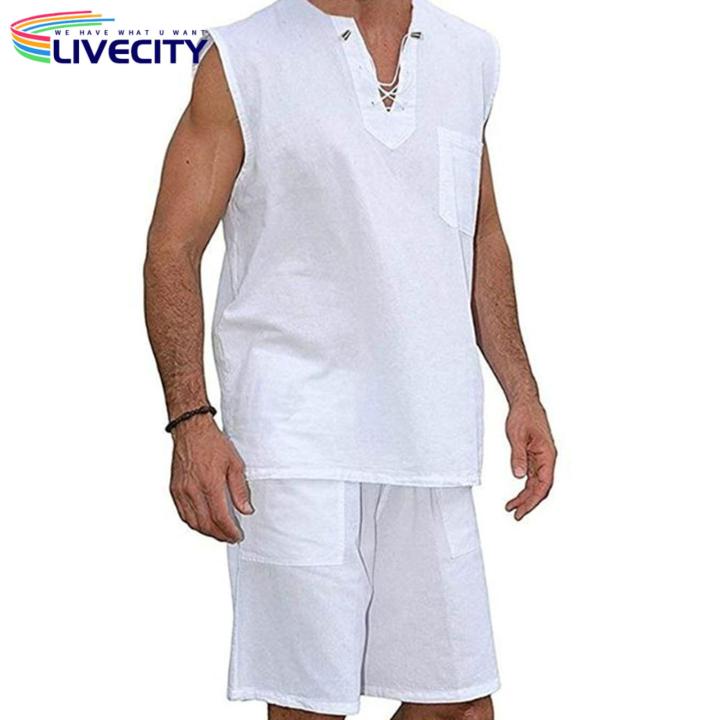 Sleeveless%20Tee%20Shirt%20Stylish%20Men's%20V-neck%20Le-up%20Ta%20Tops%20Sleeveless%20Solid%20Color%20Shirt%20with%20Patch%20cket%20Trendy%20Stwear%20-%20Image%204