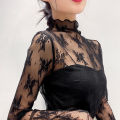 Women T Shirt See Through Transparent Mesh Tops Long Sleeve Sheer Slim Ladies Turtleneck Bright Silk T-Shirt Lace Crop Top.