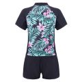 2Pcs Kids Girls Swimming Suit Round Neck Short Sleeves Floral Print Top Drawstring Boyshorts Beach Swimwear Bathing Suits. 