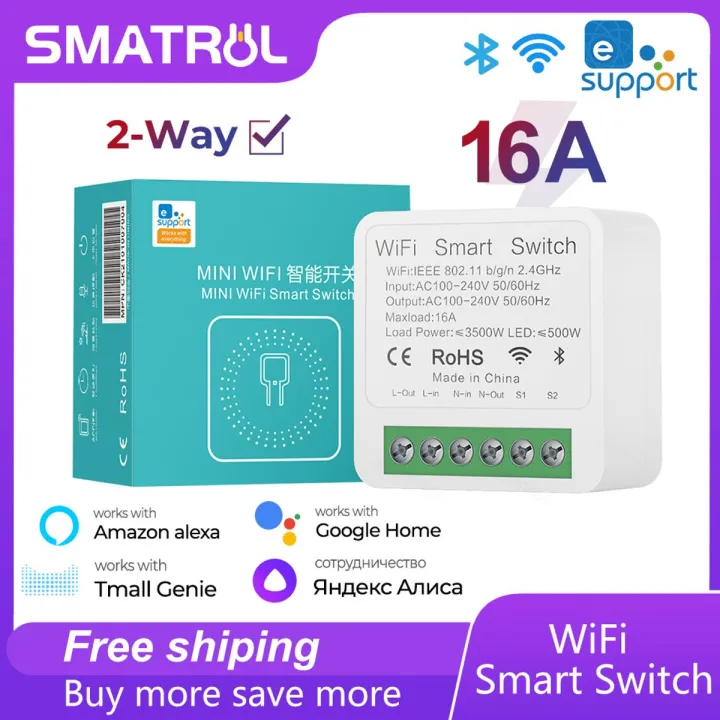 SMATRUL - EWeLink Mini Wifi Smart Switch Light - 16A 2 Way Module On Off Breaker - Wireless Remote Voice Timer Timing App - for Google Home Alexa