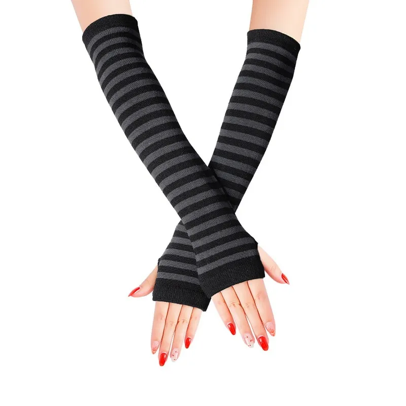 Winter Women Arm Warmer Fingerless Long Gloves Knitted Striped