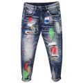Men's Graffiti Jeans Fashion Spray Paint Ripped Hole Personality Hip-hop Streetwear Male Clothing Slim Youth Denim Trousers. 