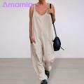 V-neck Sleeveless Jumpsuit Ladies Jumpsuit Women Sling V-neck Sleeveless Big Pockets Wide Leg Solid Color Thin Playsuit Bib Overall Streetwear Loose Jumpsuit. 