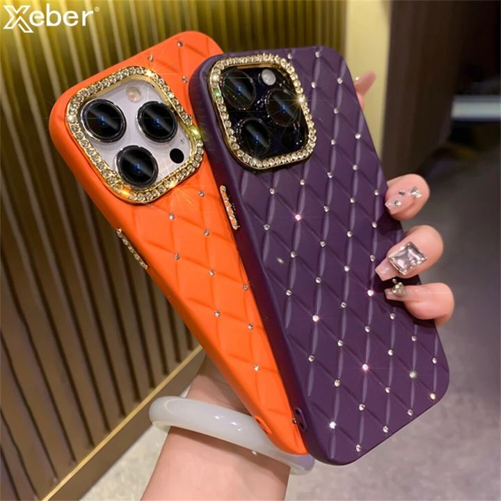 Luxury Glitter Rhinestones Camera Protection Diamond Lattice Case For iPhone 15 14 13 12 Pro Max Square Soft Silicone Back Cover