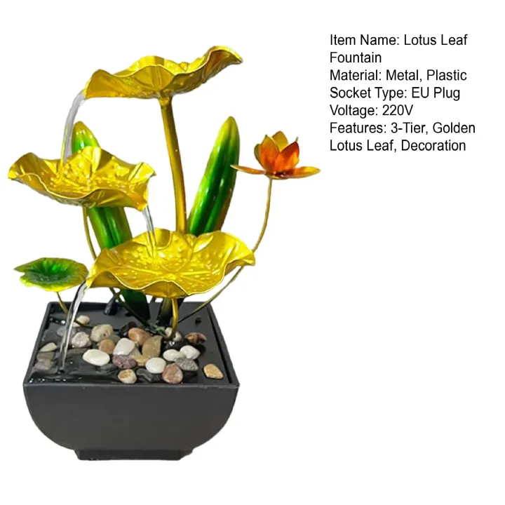 Golden Lotus Fountain Decoration 3-tier Indoor Lotus Leaf Waterfall Fountain Relaxation Fish Tank Ornament for Home Office Living Room Fengshui Decor eu Plug Lotus Waterfall Fountain Decoration