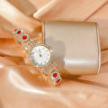 Fashion 2pcs Women's Quartz Watches and Bracelet Matching Stainless Steel Waterproof Diamond Inlaid Ladies Wristwatch Spiral Crown Girl's Needle Buckle Watch. 